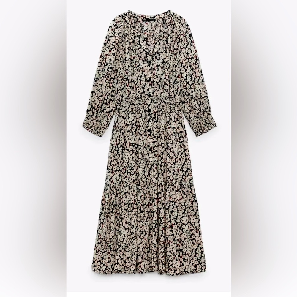 Zara Midi Dress Smocked Waist & Cuffs‎ 3/4 Sleeve Ruffle Boho Festival Sz XS